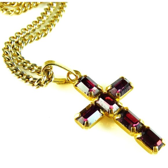 Purple Cross Necklace with Rhinestones Religious Jewelry - Picture 2 of 5